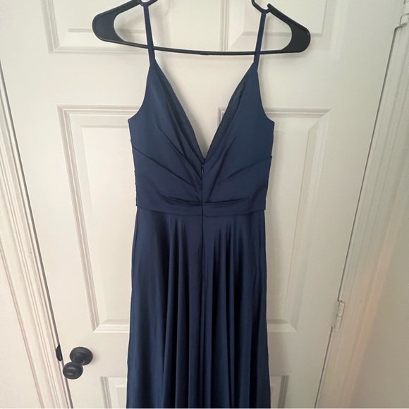 Long dark blue ball gown with full skirt and a slit. - Picture 3 of 4